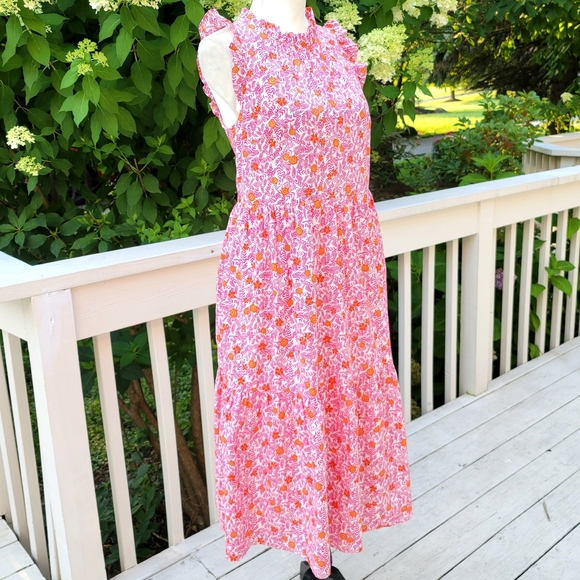 J Crew Tiered Ruffle Midi Dress Orange Red Floral - Picture 7 of 11